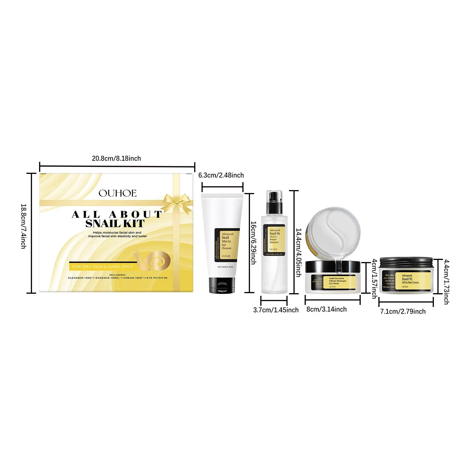 Ouhoe 1set Snail Mucin 96 Skin Care Set Moisturizing Smooth Fade Fine Lines Tighten Firming Gowing Face Repairing Face Serum Kit