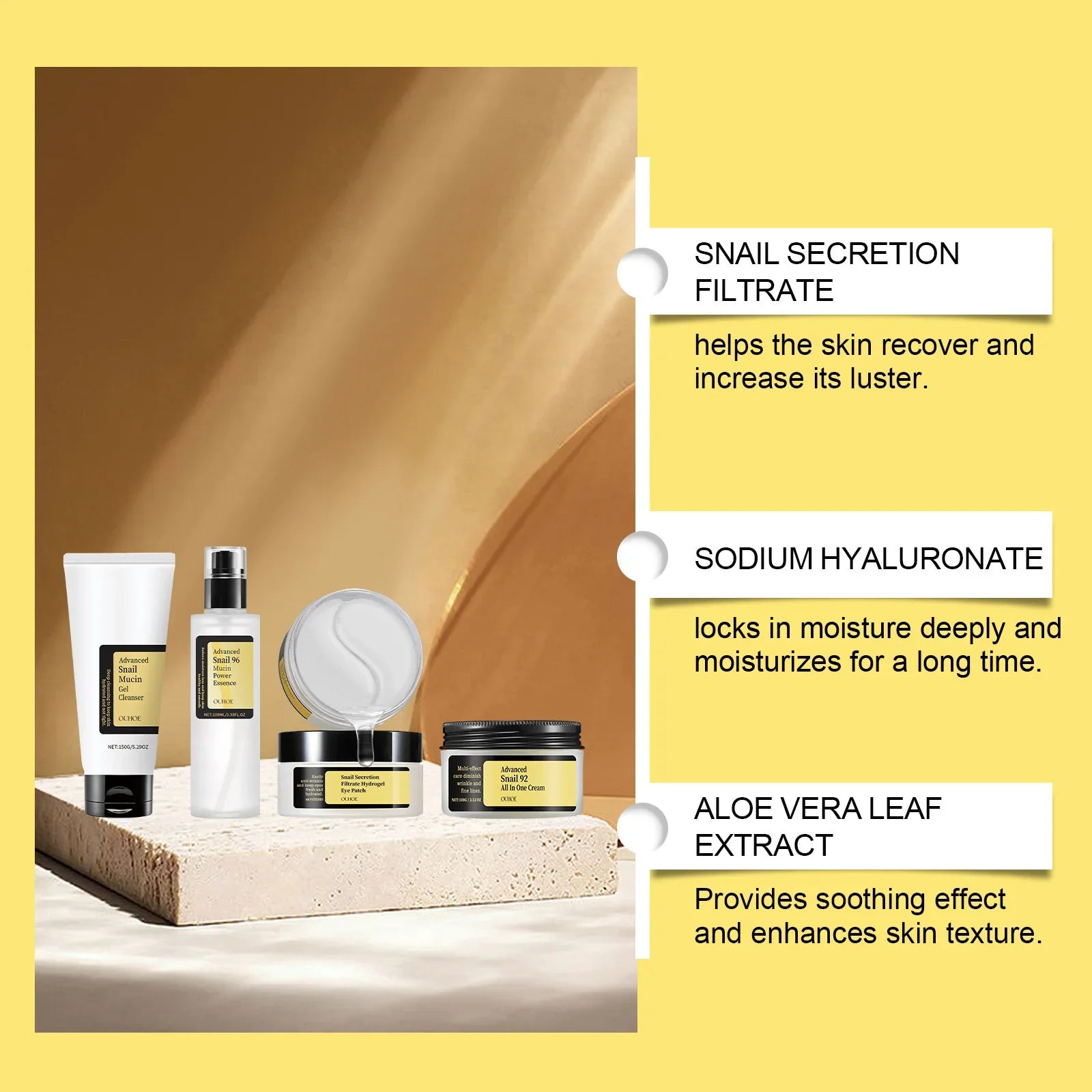 Ouhoe 1set Snail Mucin 96 Skin Care Set Moisturizing Smooth Fade Fine Lines Tighten Firming Gowing Face Repairing Face Serum Kit