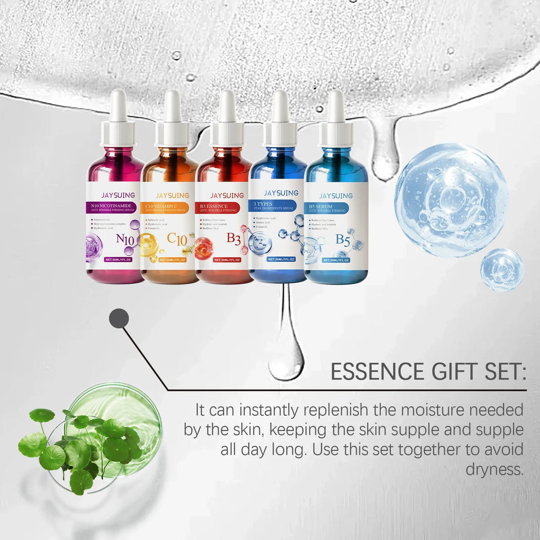 Facial Serum Skin Care Sets 5PCS Hyaluron Acid Vitamain C Niacinamide Fade Wrinkle Shrink Pores Moisturizing Brighten B5 Essence