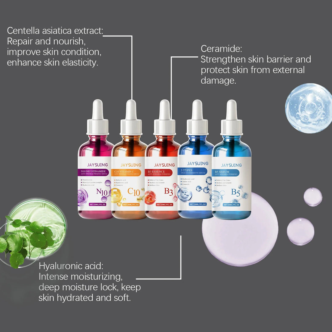 Facial Serum Skin Care Sets 5PCS Hyaluron Acid Vitamain C Niacinamide Fade Wrinkle Shrink Pores Moisturizing Brighten B5 Essence