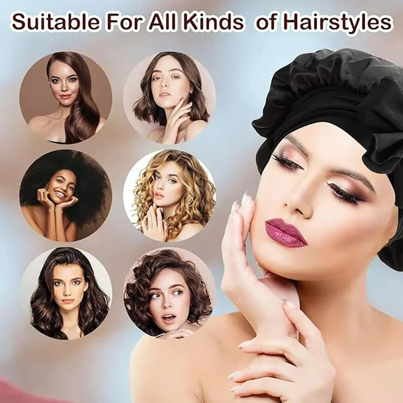 New Women Satin Solid Sleeping Hat Silky Bonnets With Tie Bands Elastic Shower Cap Adjustable Cap For Curly Hair Bonnets