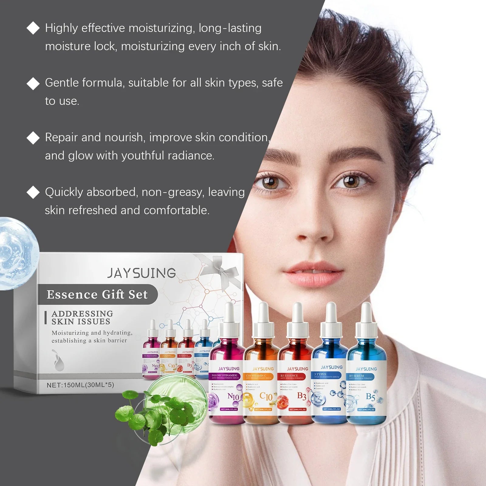 Facial Serum Skin Care Sets 5PCS Hyaluron Acid Vitamain C Niacinamide Fade Wrinkle Shrink Pores Moisturizing Brighten B5 Essence