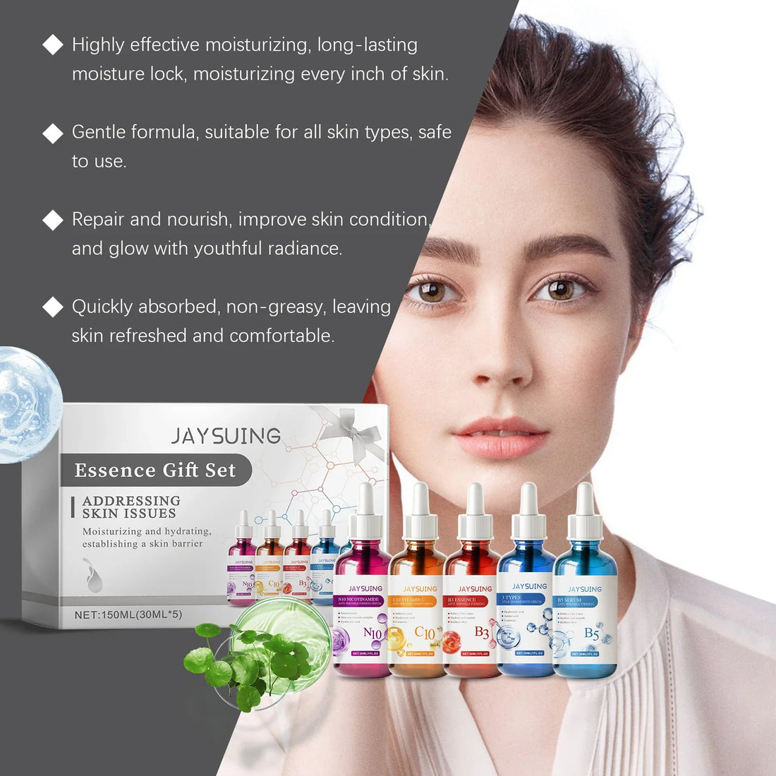 Facial Serum Skin Care Sets 5PCS Hyaluron Acid Vitamain C Niacinamide Fade Wrinkle Shrink Pores Moisturizing Brighten B5 Essence