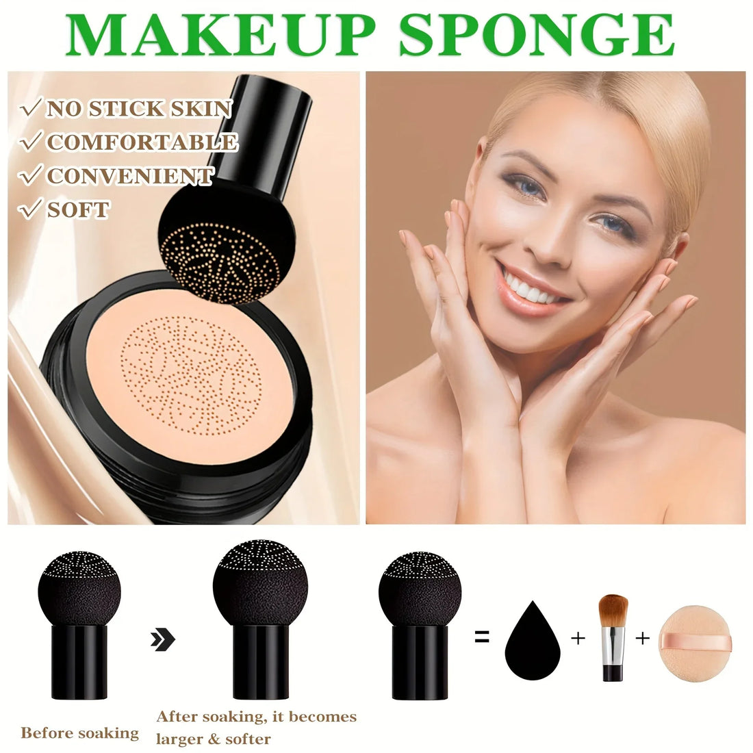 Mushroom Head Air Cushion,CC Cream Foundation Moisturizing Concealer Waterproof Oil Control Long-Lasting Nude Makeup with Makeup